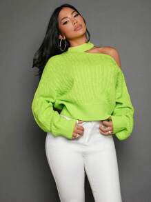 SHEIN SXY 挖肩絞花針織毛衣 - 青檸色 - 查看 5