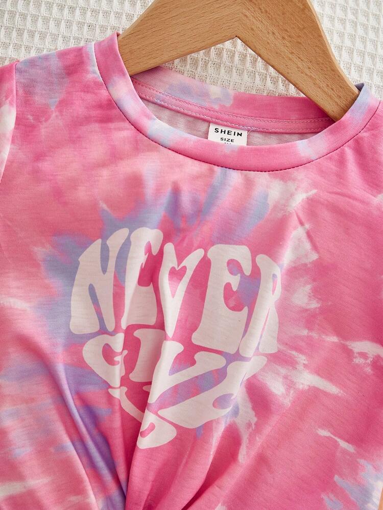 Young Girl Tie Dye Letter Graphic Twist Hem PJ Set