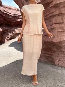 SHEIN Essnce Solid Batwing Sleeve Blouse & Skirt - Apricot - View 3