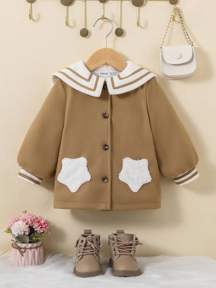 Baby Girl Statement Collar Striped Trim Dual Pocket Coat