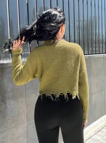 SHEIN SXY 落肩袖仿舊短款毛衣 - 軍綠色 - 查看 2