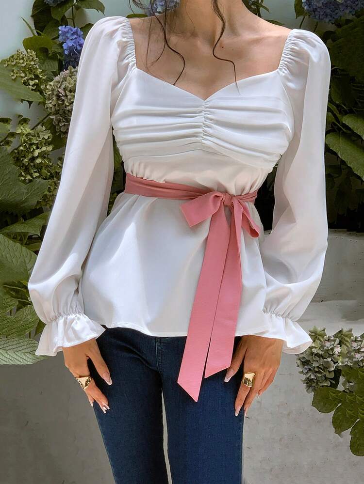 Sweetheart Neck Flare Sleeve Ruched Belted Blouse Fall Cloth For Women
