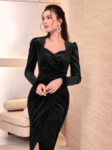 Modelyn Fuzzy Cuff Wrap Hem Velvet Dress - Black - View 3