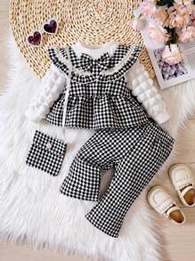 Baby Girl Houndstooth Print Ruffle Trim Bow Front Peplum Top & Pants & Bag - Multicolor - View 1