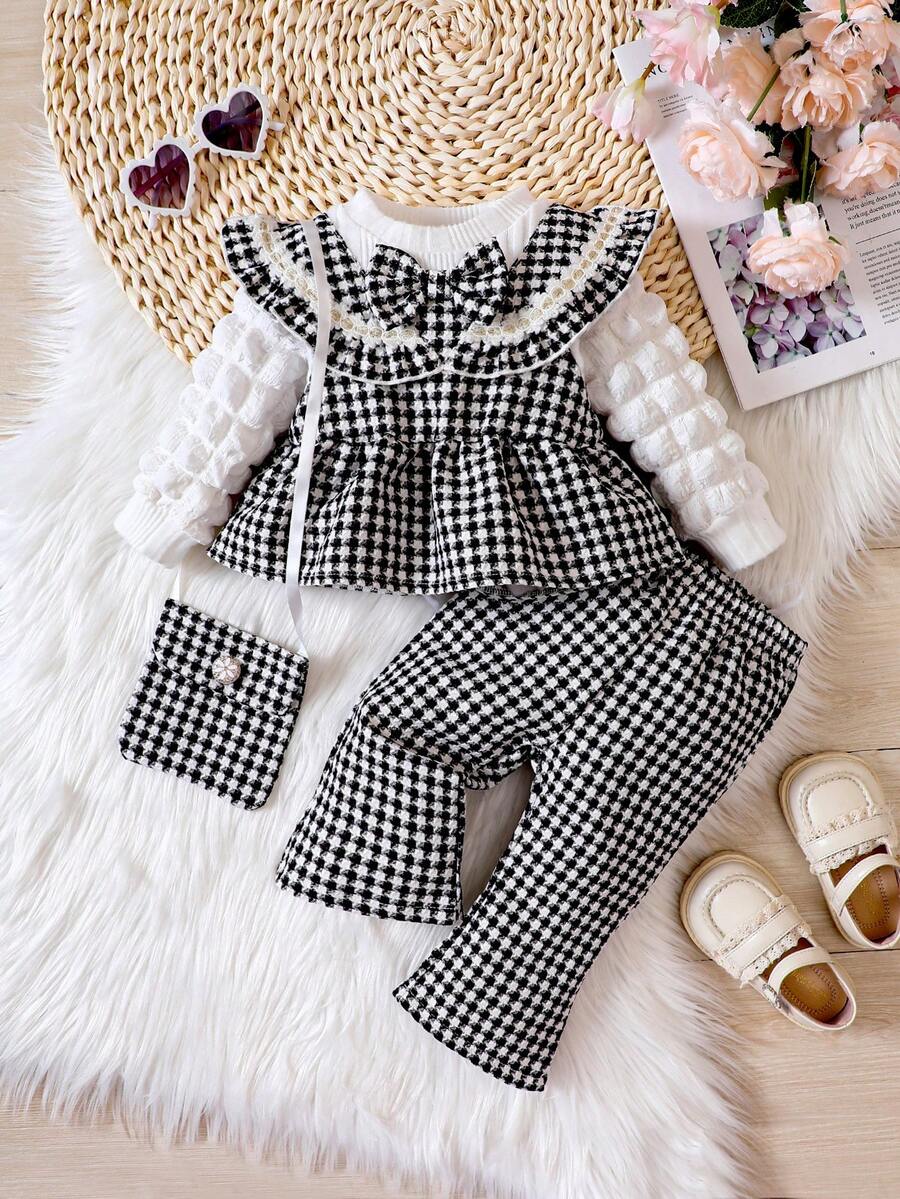 Baby Girl Houndstooth Print Ruffle Trim Bow Front Peplum Top & Pants & Bag - Multicolor - View 1