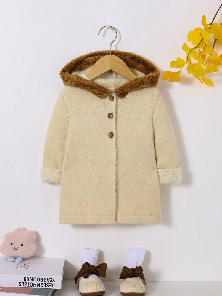 Baby Girl Contrast Teddy Hooded Button Up Fuzzy Trim Cardigan