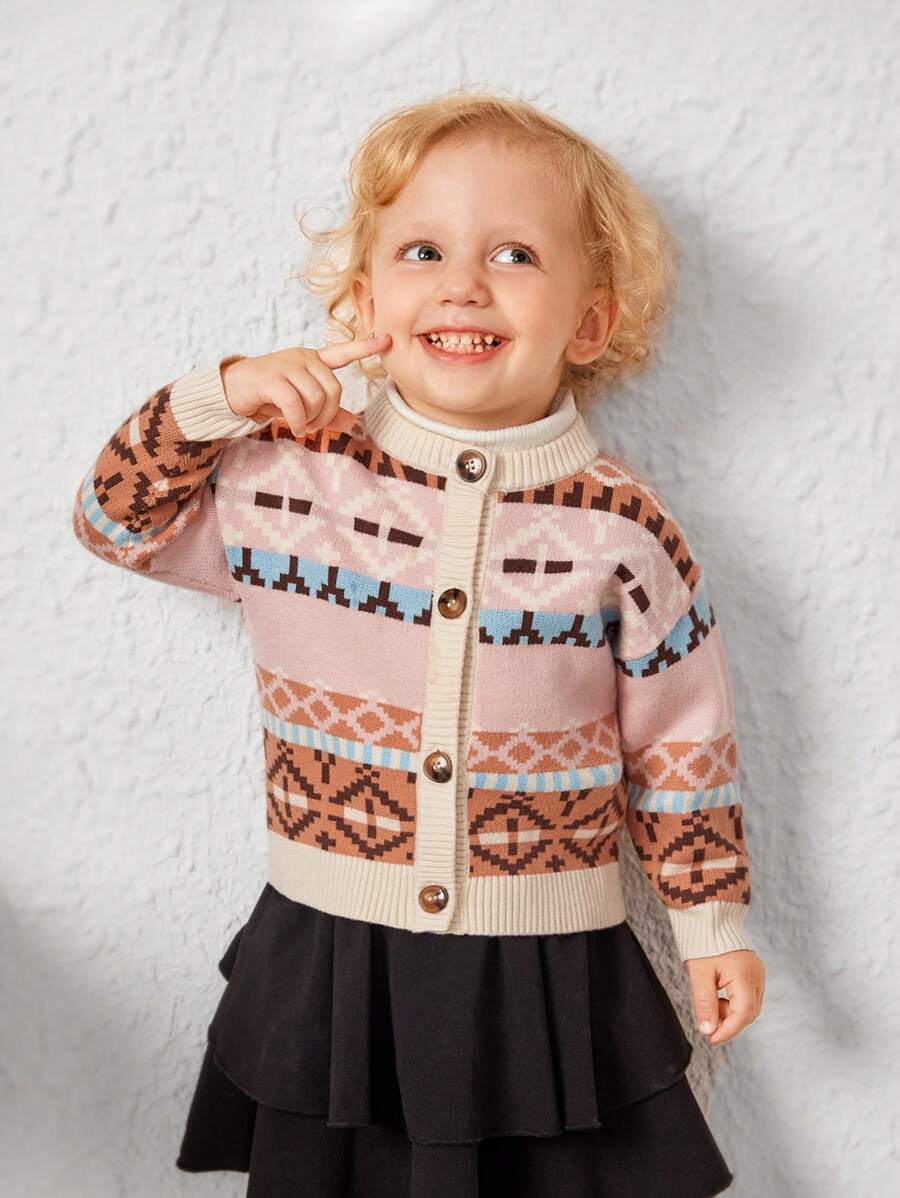 SHEIN Baby Girl Geo Pattern Button Front Cardigan - Multicolor - View 1
