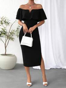 Firerie Off Shoulder Ruffle Trim Split Hem Bodycon Dress