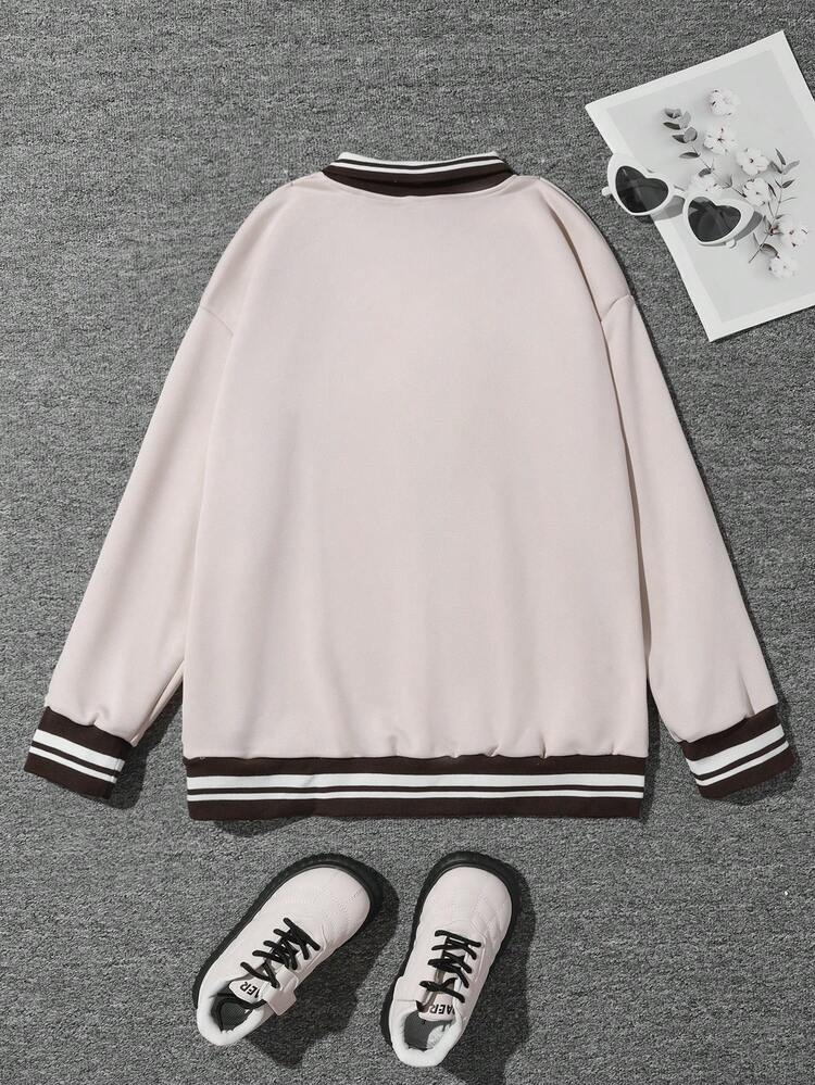 Teen Girl Letter Graphic Striped Trim Drop Shoulder Sweatshirt