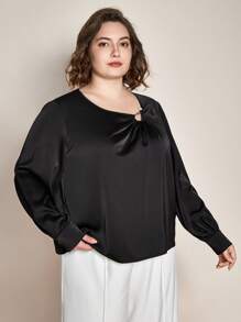 BizChic Plus Solid Ruched Front Blouse - Black - View 8