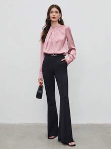 BizChic 女士纯色缎面褶皱长袖衬衫，商务休闲优雅女士正装衬衫，适合办公室穿着 - 粉色 - 查看 5