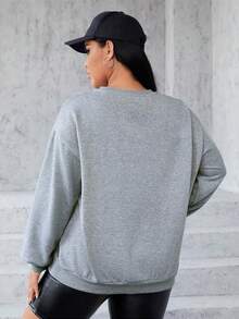 SHEIN EZwear 大碼字母圖案落肩袖運動衫 - 灰色 - 查看 2