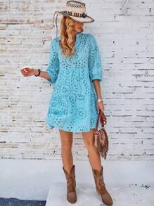 GENKIRA Eyelet Embroidery Button Front Smock Dress Vacation Outfits Woman  - Blue - View 5