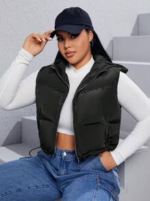 SHEIN EZwear Áo khoác đệm có khóa kéo viền rút Plus không có áo phông - màu đen - Xem 1