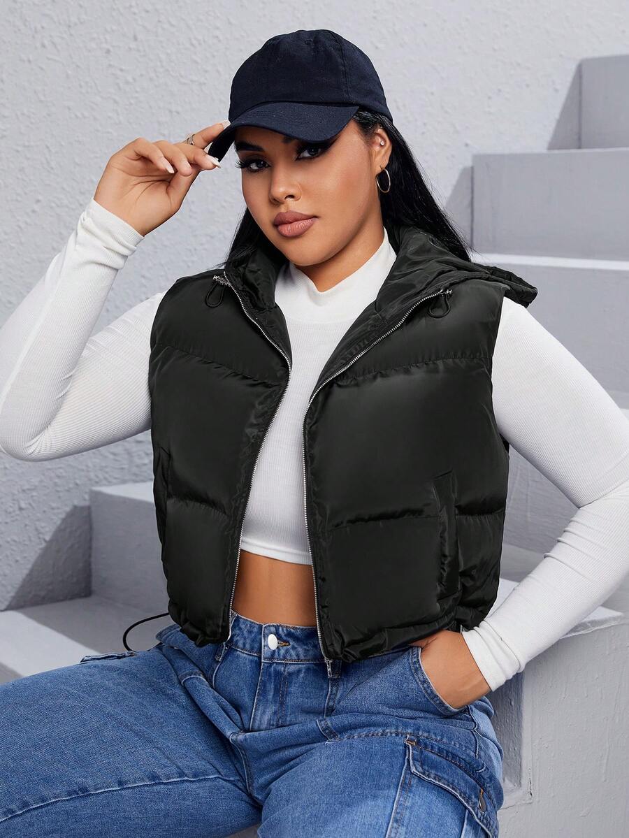 SHEIN EZwear Áo khoác đệm có khóa kéo viền rút Plus không có áo phông - màu đen - Xem 1