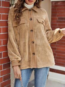 SHEIN LUNE Flap Detail Drop Shoulder Teddy Coat - Camel - View 4