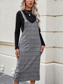 SHEIN LUNE Plaid Print Overall Dress Without Tee - Multicolor - View 6