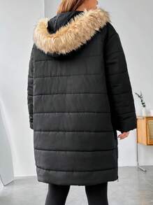 SHEIN EZwear 毛绒装饰连帽夹棉大衣 - 黑色 - 查看 4