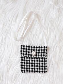 Baby Girl Houndstooth Print Ruffle Trim Bow Front Peplum Top & Pants & Bag - Multicolor - View 3