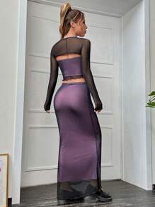 SHEIN EZwear 素色短款上衣&魚尾短裙 - 黑色 - 查看 2
