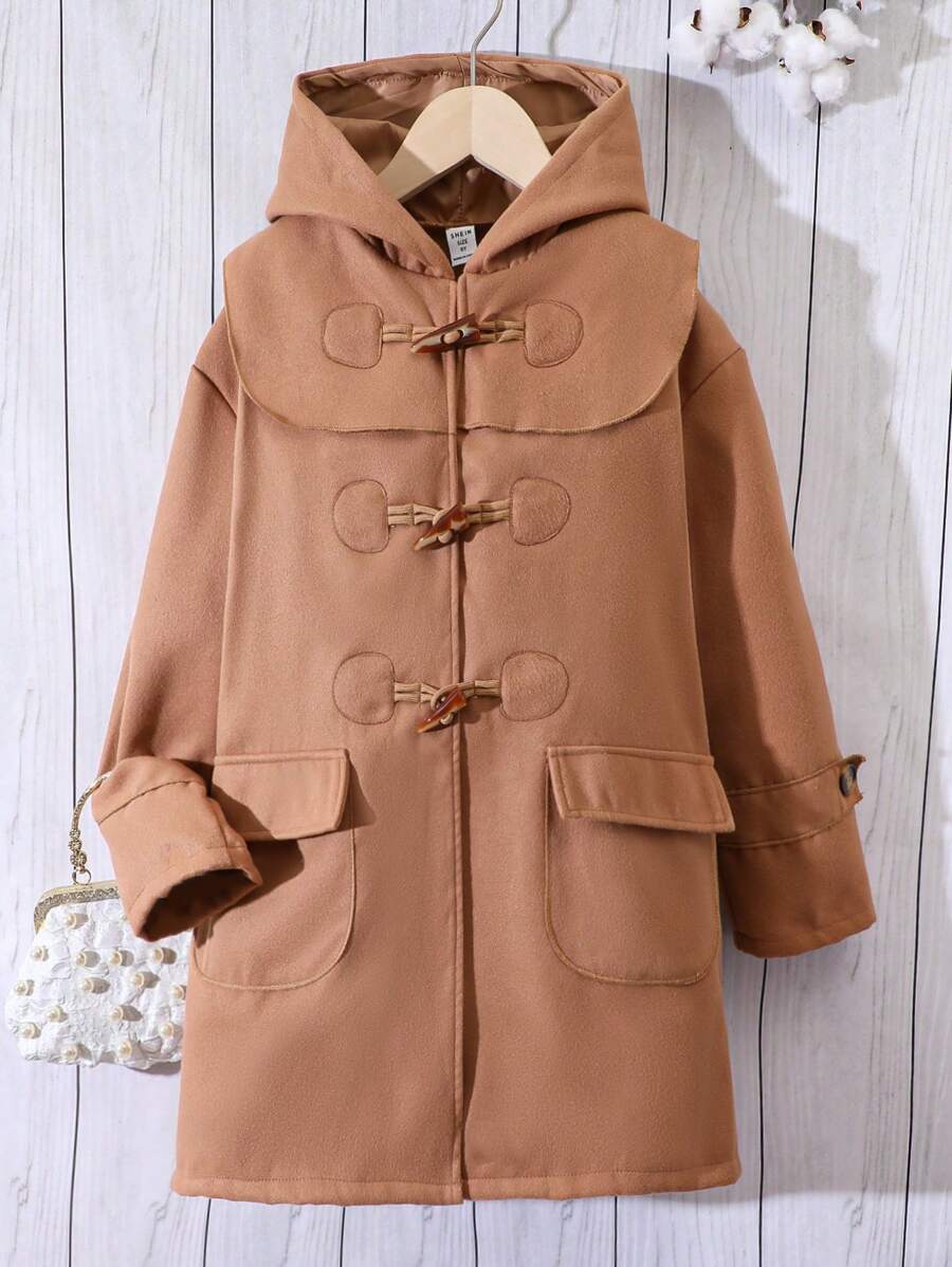 SHEIN Tween Girl Flap Pocket Hooded Duffle Overcoat - Khaki - View 1