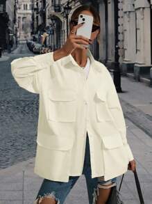 SHEIN Essnce Flap Pocket Drop Shoulder Shirt - Beige - View 1