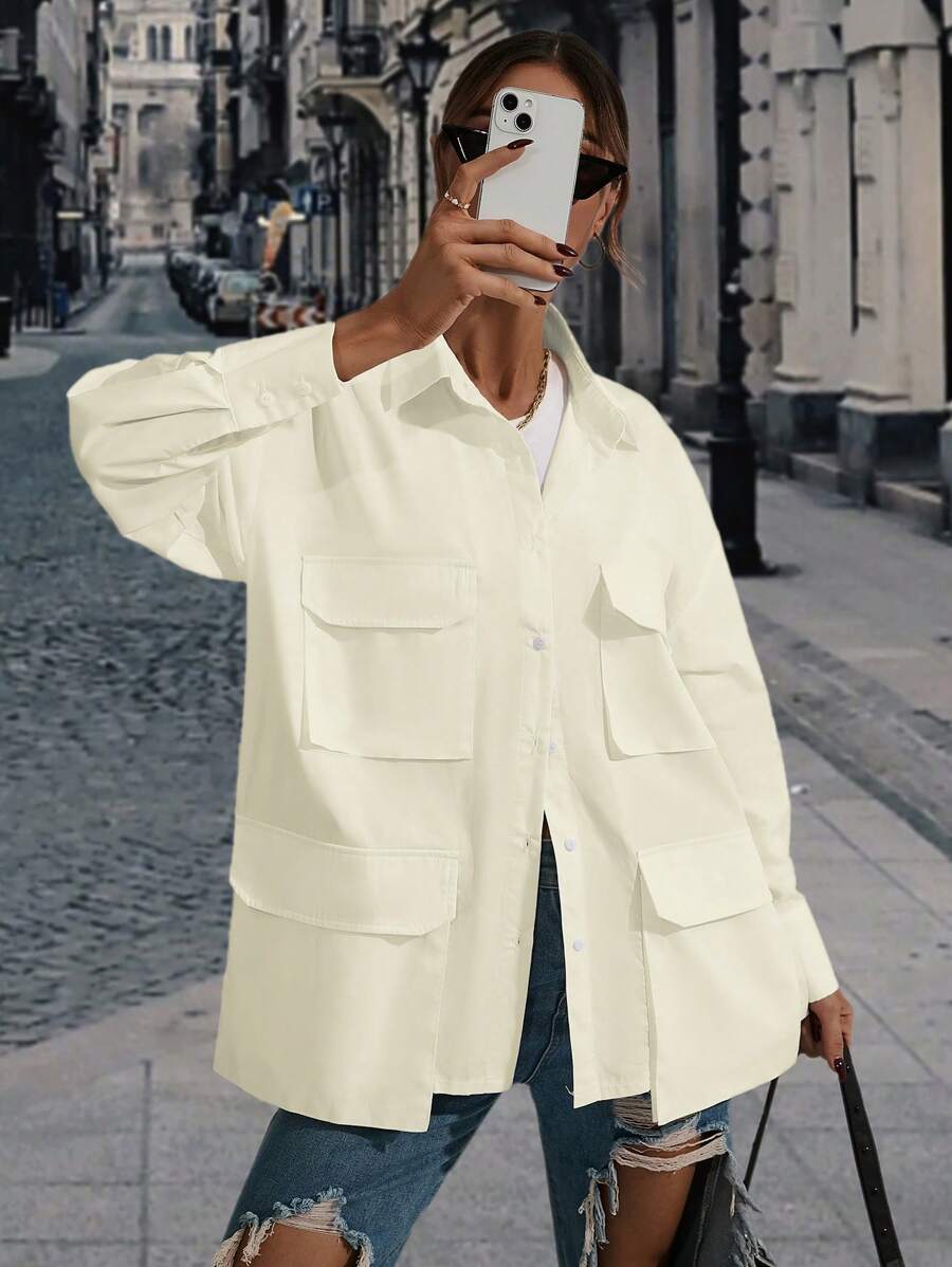 SHEIN Essnce Flap Pocket Drop Shoulder Shirt - Beige - View 1