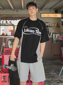 DAZY Men Letter Graphic Topstitching Raglan Sleeve Tee - Black - View 6