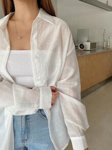 DAZY 净色落肩纽扣前开襟长袖衬衫 - 白色 - 查看 6