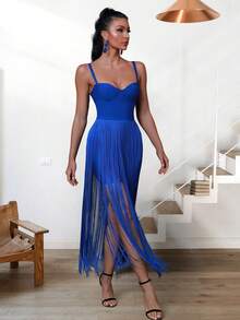 流蘇邊緊身吊帶洋裝 - 寶藍色 - 查看 3