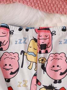 Tween女孩漫畫圖形對比拼接短t和褲子,貼身睡衣套裝 - 淺灰色 - 查看 5