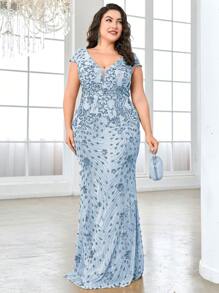 BluePlum High Quality Elastic Sequin V-Neck Fitted Mermaid Hem Design Plus Size Solid Color Elegant Luxury Maxi Dress, Enhances Feminine Charm, Suitable For Parties, Graduations, Weddings, Events, Galas And Balls, Women's Formal Gown (Deluxe Edition) - Dusty Blue - View 4