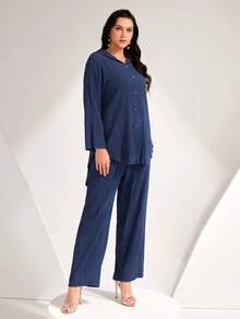 Mulvari Plus Solid Button Front Shirt & Pants - Navy Blue - View 5