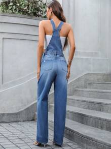 SHEIN Essnce 破洞斜口袋牛仔背帶褲不附抹胸 - 淺色水洗藍 - 查看 2