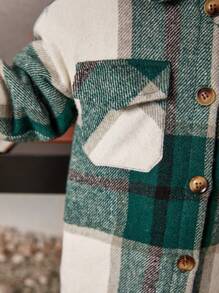 SHEIN Baby Girl Plaid Print Flap Pocket Drop Shoulder Overcoat - Green - View 6