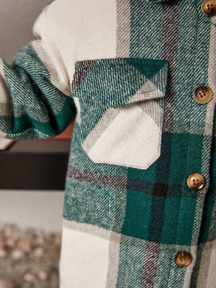 Baby Girl Plaid Print Flap Pocket Drop Shoulder Overcoat
