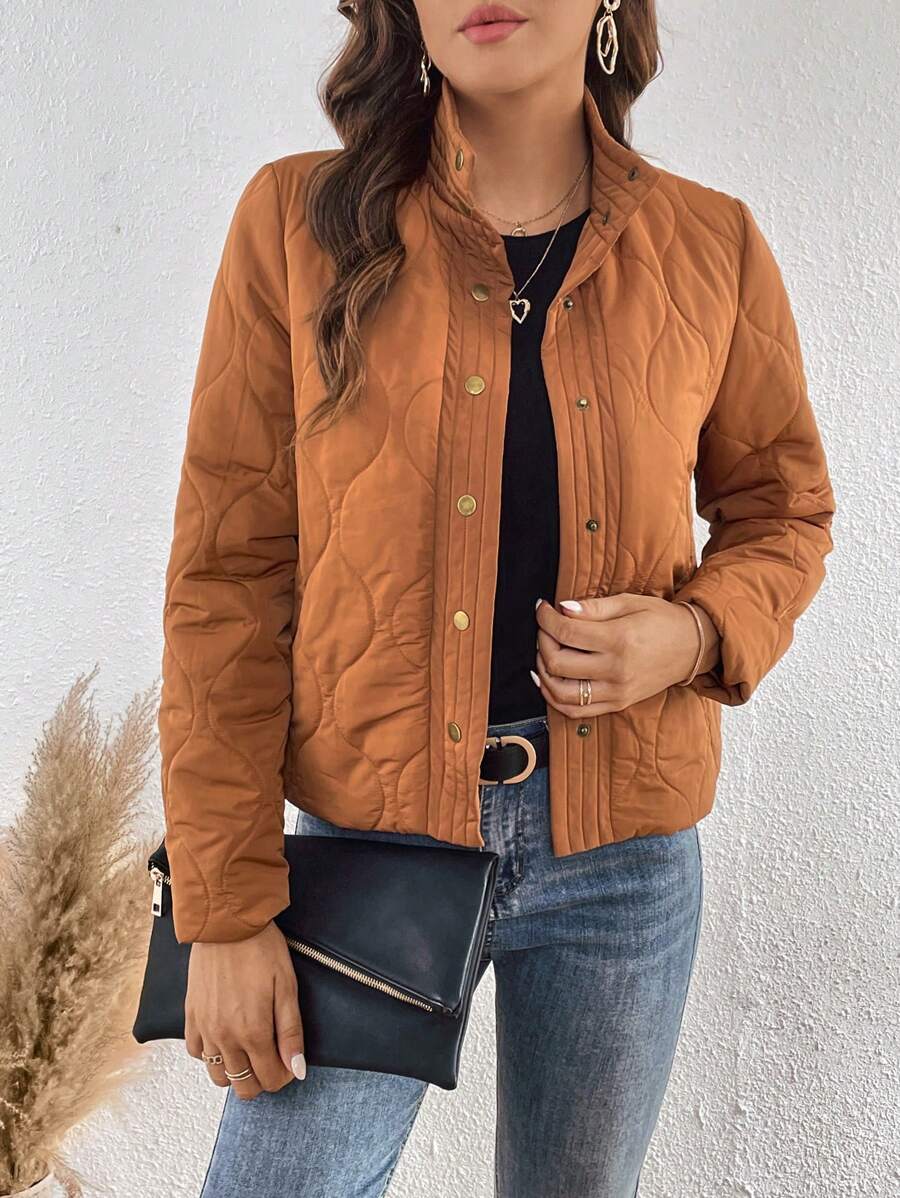 SHEIN LUNE Áo khoác đệm chần bông phía trước có nút chắc chắn - Rỉ Nâu - Xem 1