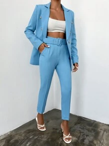 EURMUSE Women's Metallic Button Color Block Notched Lapel Long Sleeve Suit Jacket And Pants Set - Blue - View 5