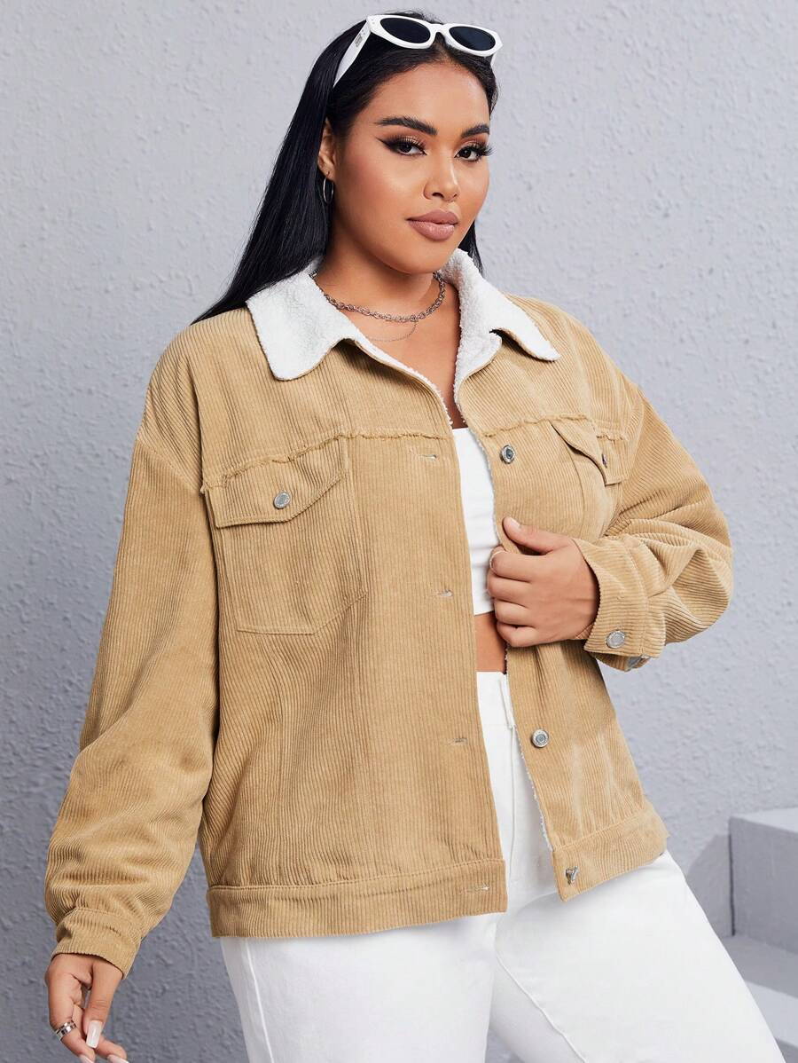 SHEIN EZwear Plus Flap Pocket Drop Shoulder Borg Collar Corduroy Jacket In Fall/Winter - Khaki - View 1