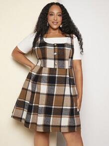 SHEIN CURVE+ Plus Plaid Print Overall Button Front Overall Dress Without Tee - Multicolor - View 1