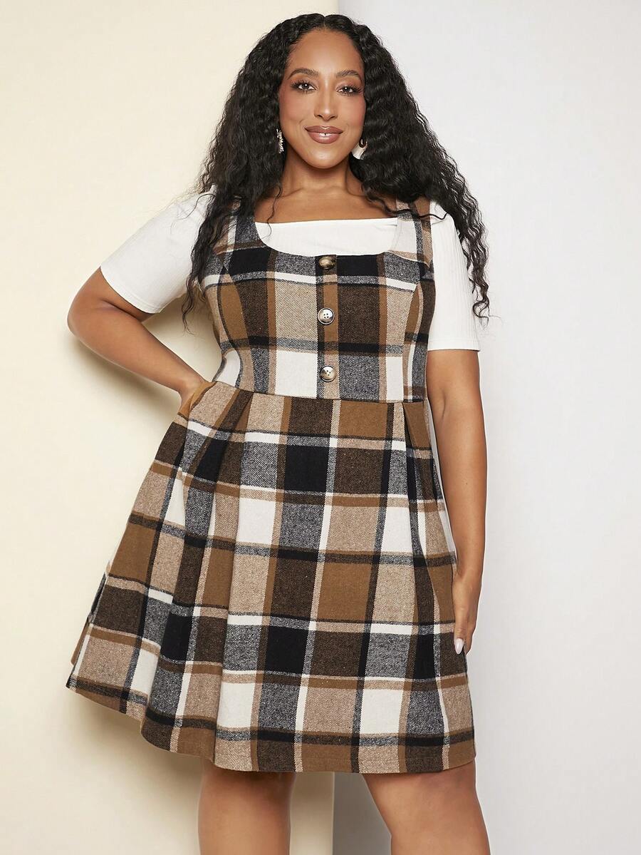 SHEIN CURVE+ Plus Plaid Print Overall Button Front Overall Dress Without Tee - Multicolor - View 1