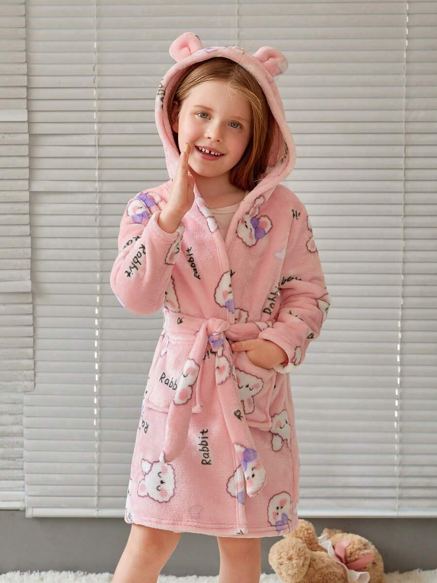 SHEIN Young Girl Cartoon and Letter Print Hooded Belted Flannel Sleep Robe - Pink - View 1