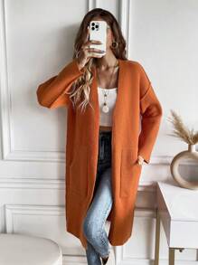 SHEIN LUNE 双口袋落肩开衫 - 棕色 - 查看 4