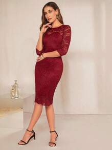 SHEIN Clasi 素色蕾絲覆蓋緊身洋裝 - 酒紅色 - 查看 6