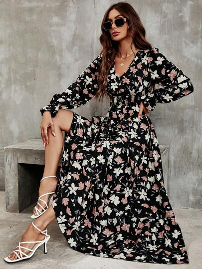 Breezaya Floral Print Flounce Sleeve Ruffle Hem Dress Maxi Women Outfit Fall Cloth For Women