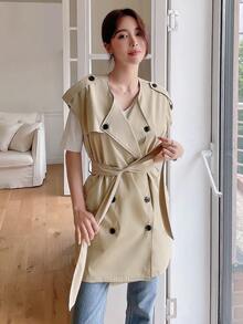 DAZY 雙排釦腰帶背心風衣外套 - 卡其色 - 查看 8