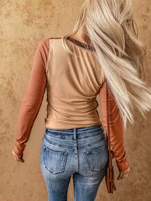 Acelitt Khối màu Khâu trên cùng Đồ đan Ribbed Áo thun - màu nâu - Xem 2