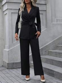 SHEIN Clasi Solid Knot Side Blazer & Pants Fall Cloth For Women - Black - View 5