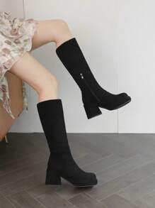女性新品到貨厚跟及膝靴帶防水台和增高功能適用於秋冬 - 黑色 - 查看 3
