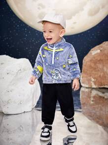 SHEIN Baby Girl Reflective Planet Print Half Zip Teddy Sweatshirt & Pants - Multicolor - View 3